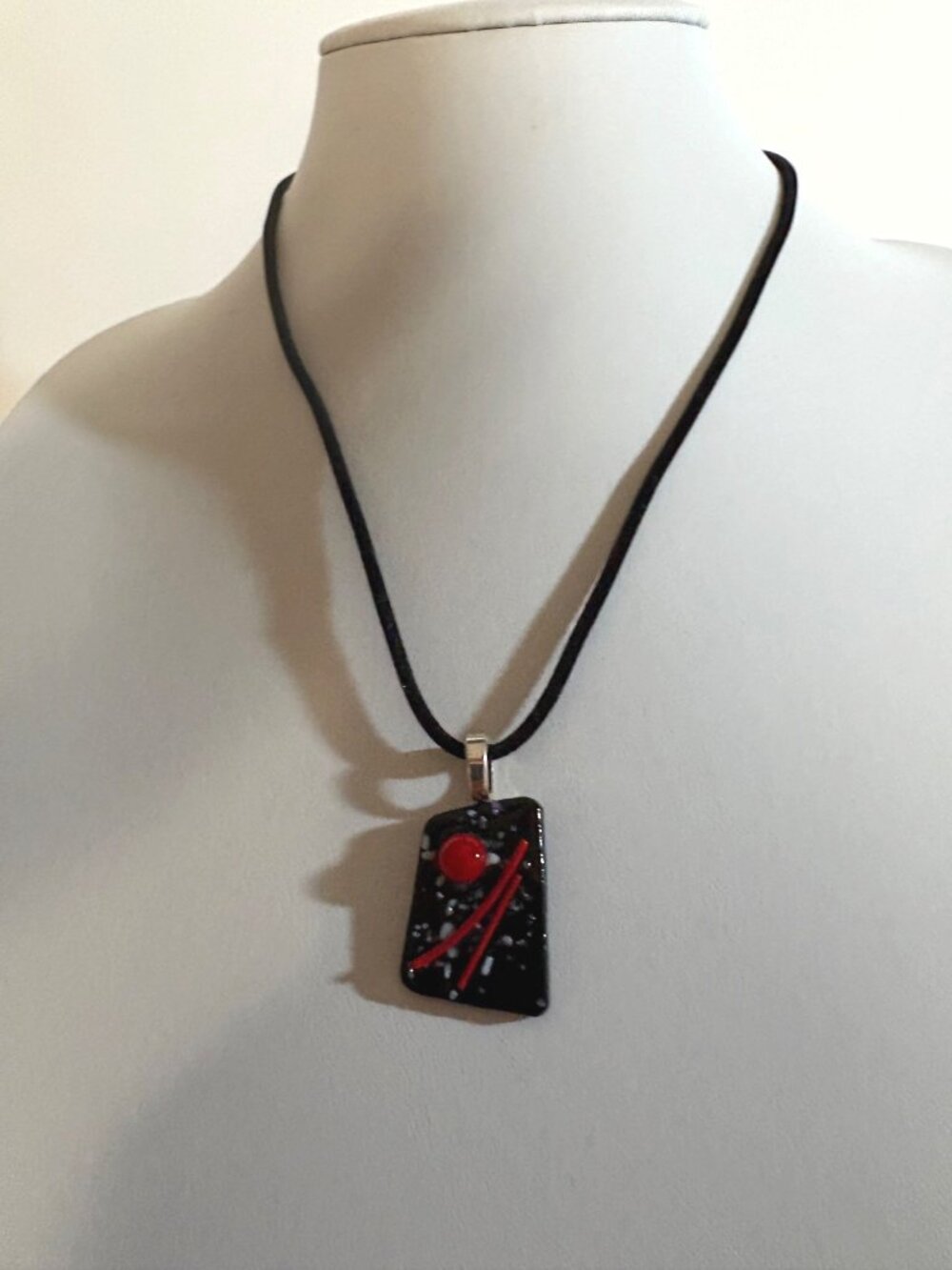 Black Red Fused Glass Pendant Cord Necklace Artesian Jewelry 19-20 inches